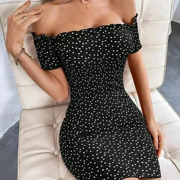 Black Boho Women Heart Print Off Shoulder Frill Trim Knitted Bodycon Dress - Picture 2 of 5